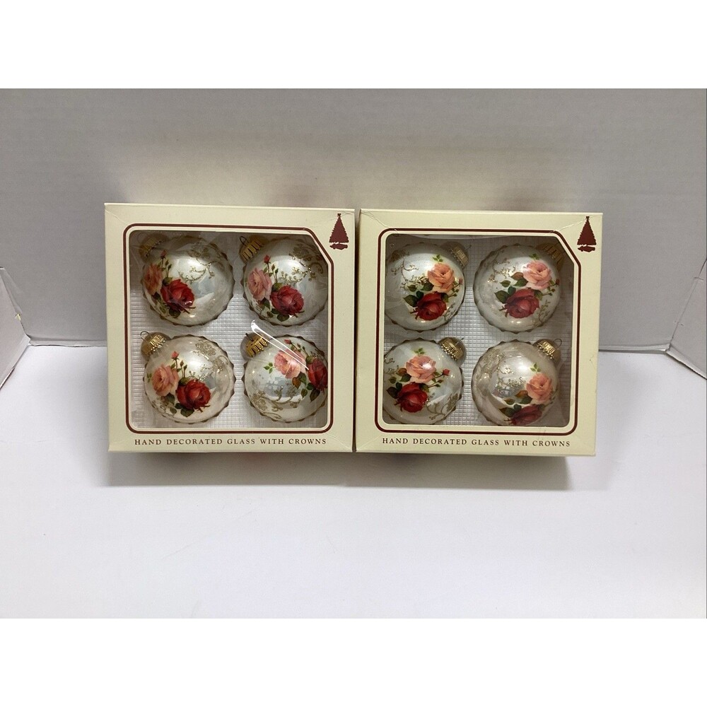 vtg krebs glass christmas ornaments roses & glitter set of 8 hand blown